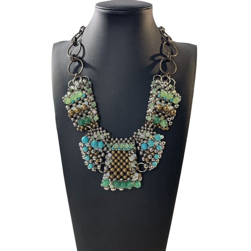 Pam Hiran Faux? Turquoise Brass Beaded Collar Statement‎ Chunky Necklace BOHO